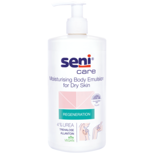 White pump bottle of Seni Care Moisturising Body Emulsion for Dry Skin, featuring a turquoise 'REGENERATION' label and vegan symbol.