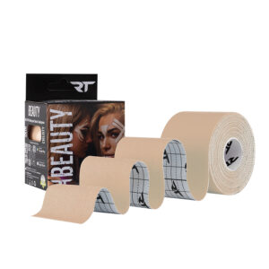 Beige kinesiology tape rolls with grid backing, displayed beside a black beauty-brand box.