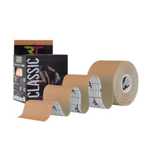 Beige athletic tape rolls stretched out beside a dark product box labeled Classic in the background.