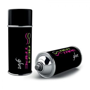 Two black spray paint cans with chrome rims, one upright and one tipped on its side against a white background, labeled Area Tape.