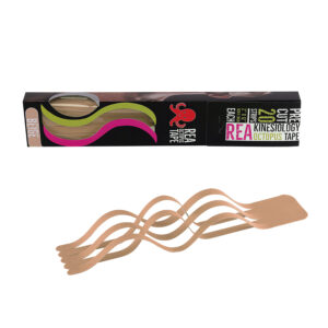 Beige kinesiology tape strips laid out next to a black box labeled REA Octopus Kinesiology Tape set