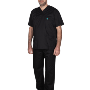 Adult man wearing black medical scrubs (short-sleeve top with chest pocket and matching pants) stands facing slightly left with arms at his sides.