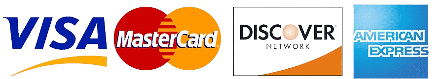 Logos for Visa, MasterCard, Discover, and American Express logo set on a dark background.
