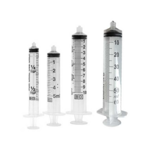 Set of four syringes with measurement scales from 0.25 ml to 60 ml.