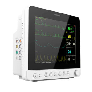Portable patient monitor displaying multiple vital signs and ECG waveforms on the screen