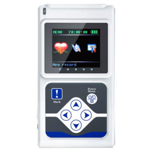 Handheld white medical device with screen showing a heart icon, editing icons, and 'New record' text; blue navigation pad below