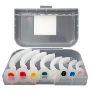 Open plastic case containing several white curved dental arch pieces with color-coded ends in compartments.