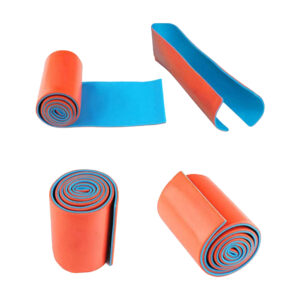 Set of orange and blue resistance exercise bands, shown rolled and stretched for fitness workouts.