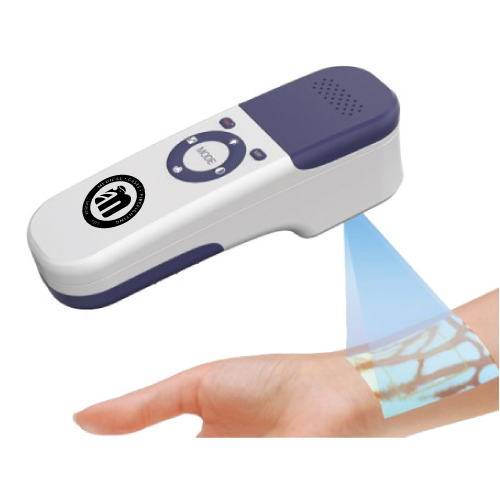 Fingertip pulse oximeter clipped on a finger, with a blue light sensor projecting through the finger to measure oxygen saturation.