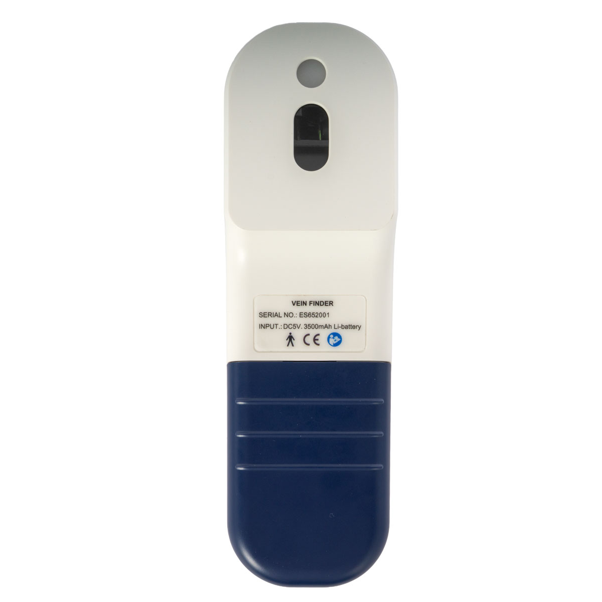 Handheld vein finder device with a white top and blue grip, used to locate veins under the skin.