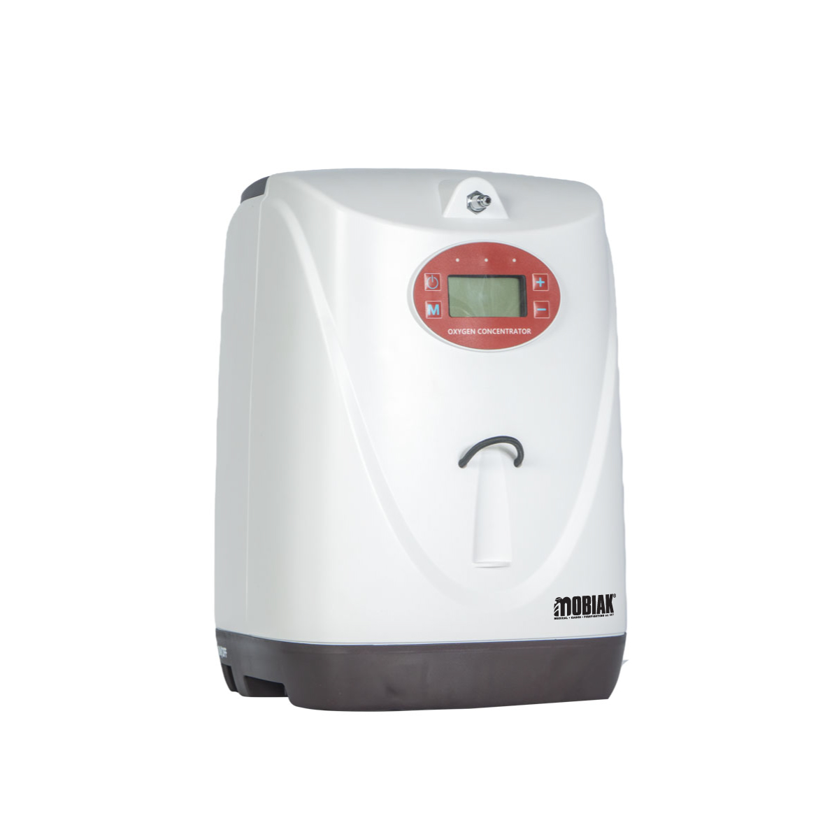 Front view of a white portable oxygen concentrator with a red control panel and digital display on the front.