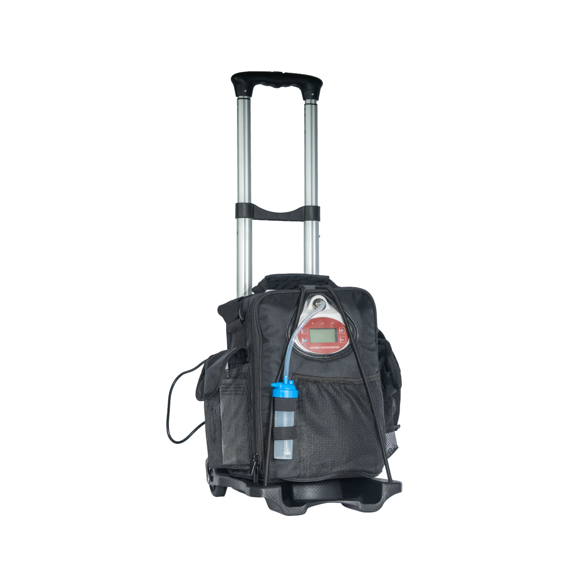 Portable oxygen concentrator on a rolling suitcase with extendable handle and tubing attached to a blue canister.