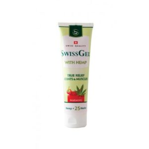 Tube of SwissGel with Hemp for warming relief of joints and muscles; label shows hemp, herbs, and a red plant graphic.