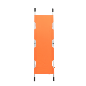 Orange medical stretcher for patient transport with a metal frame and black end caps.