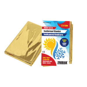 Gold foil isothermal blanket folded beside its blue-and-red packaging showing 'Isothermal Blanket' and dimensions 2.1 x 1.6 m (MOBIAK)