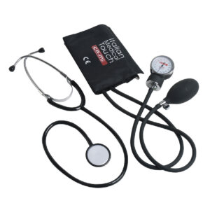 Blood pressure kit with stethoscope and gauge on a white background