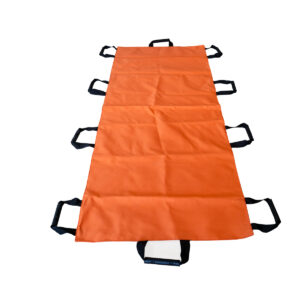 Orange evacuation stretcher mat with multiple black handles along its edges, laid flat.