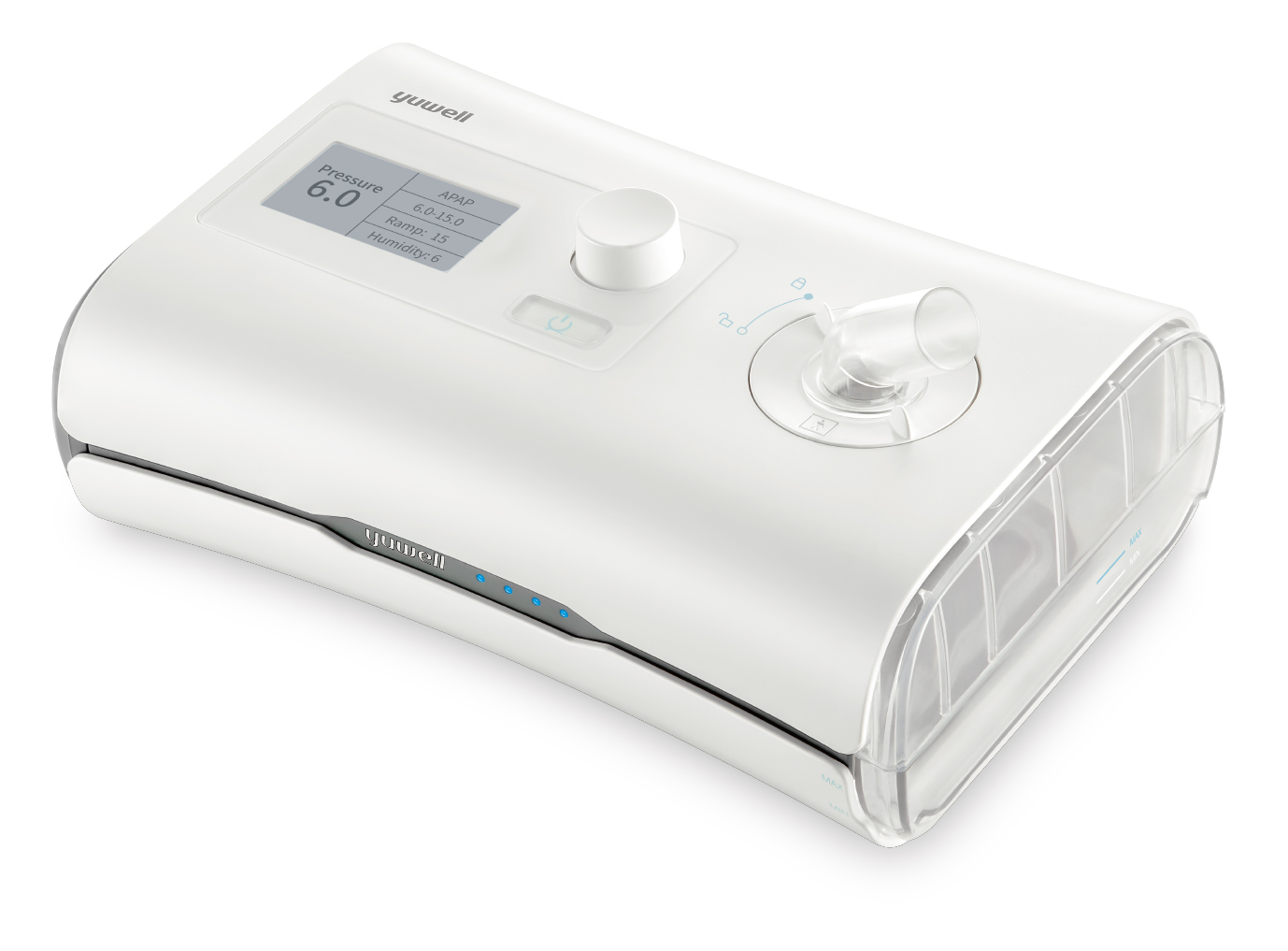 White CPAP machine with a control knob, display panel, and a clear humidifier/canister on the right; brand 'yuwell' visible.