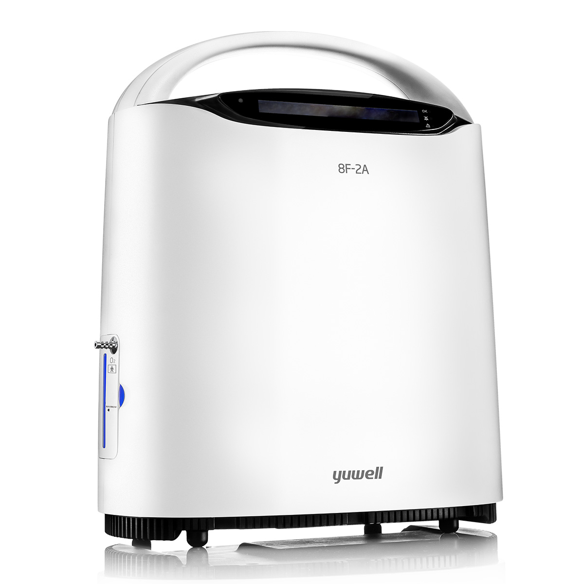 White Yuwell 8F-2A humidifier with a black control panel on top and a curved handle, standing upright on a black base panel