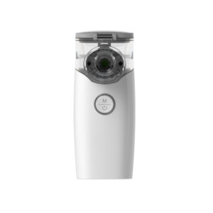 Close-up of a gray handheld device with a transparent chamber and a circular dial on the front.