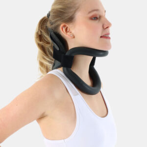 Woman wearing a black cervical traction neck brace around her neck, shown in side profile.