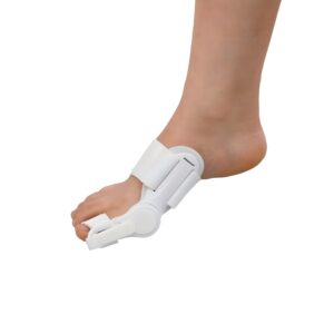 Person's bare foot wearing a white ankle–foot orthosis (AFO) brace on the ankle and foot against a white background