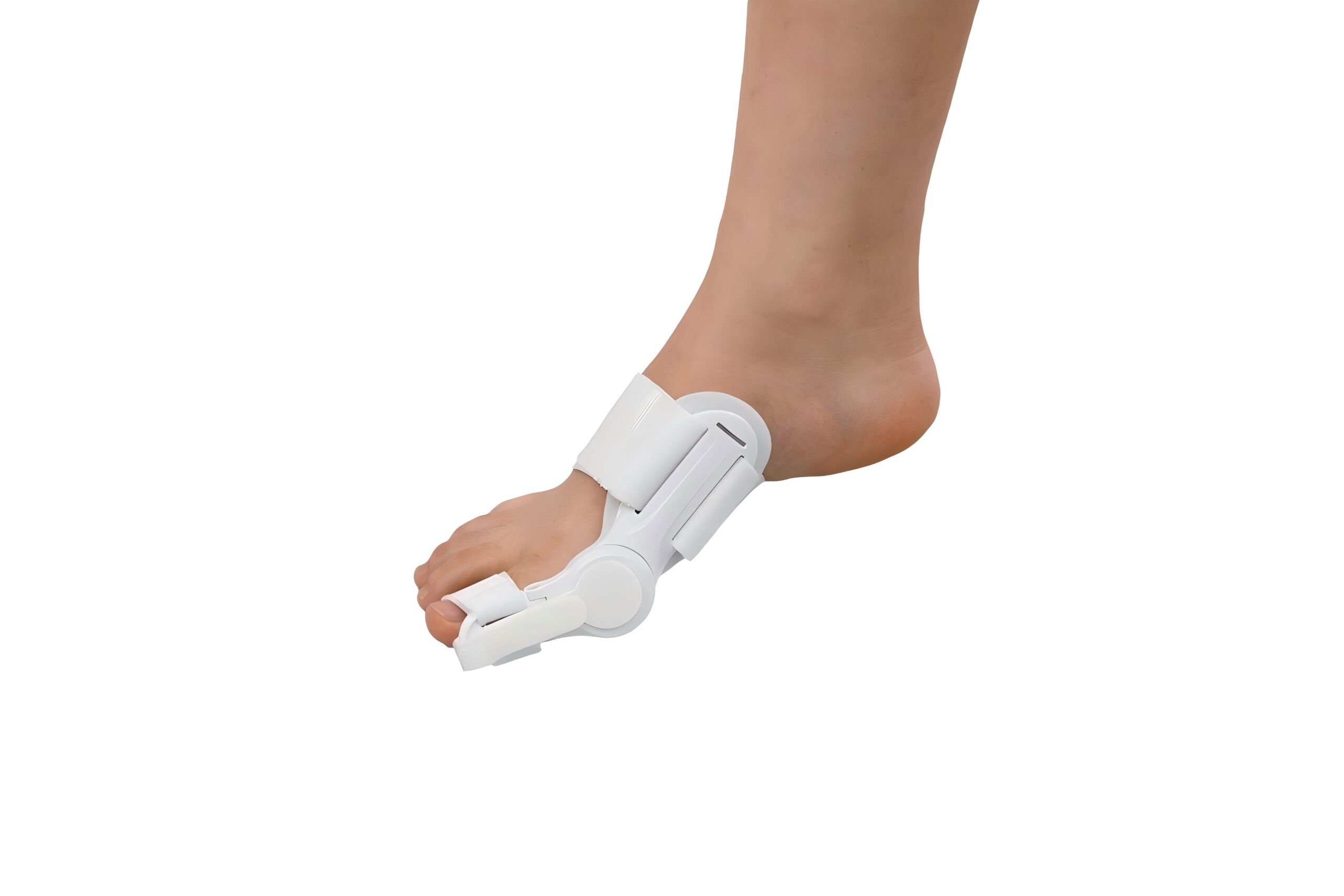 Person's bare foot wearing a white ankle–foot orthosis (AFO) brace on the ankle and foot against a white background