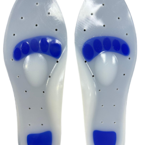 Two white athletic insoles with blue cushioning pads, shown from above side-by-side.