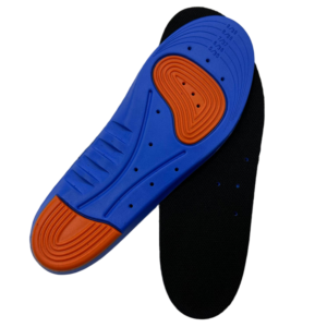 Close-up of a blue sneaker sole with an orange, concentric-grip pad, shown against a black socked foot.