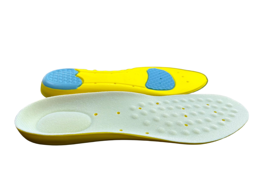 Yellow flip-flop sandal with blue textured inserts on a white background丝