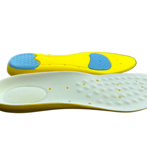 Yellow flip-flop sandal with blue textured inserts on a white background丝