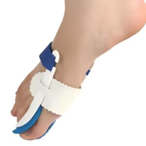 Part of a prosthetic-looking leg with a blue strap and white padding around the ankle area, shown at an angled view.