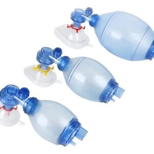 Three blue nebulizer masks with white bases arranged diagonally on a white background.