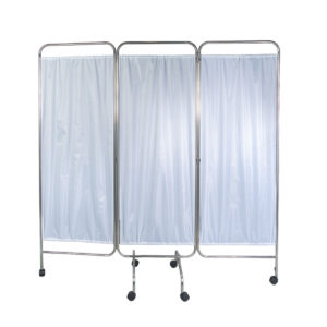Three-panel portable privacy screen on wheels with light blue fabric panels. In a medical or spa setting for dividing space.