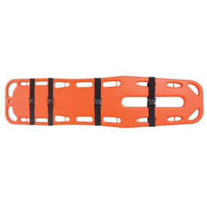 Orange medical backboard with four black securing straps for immobilization in patient transport.