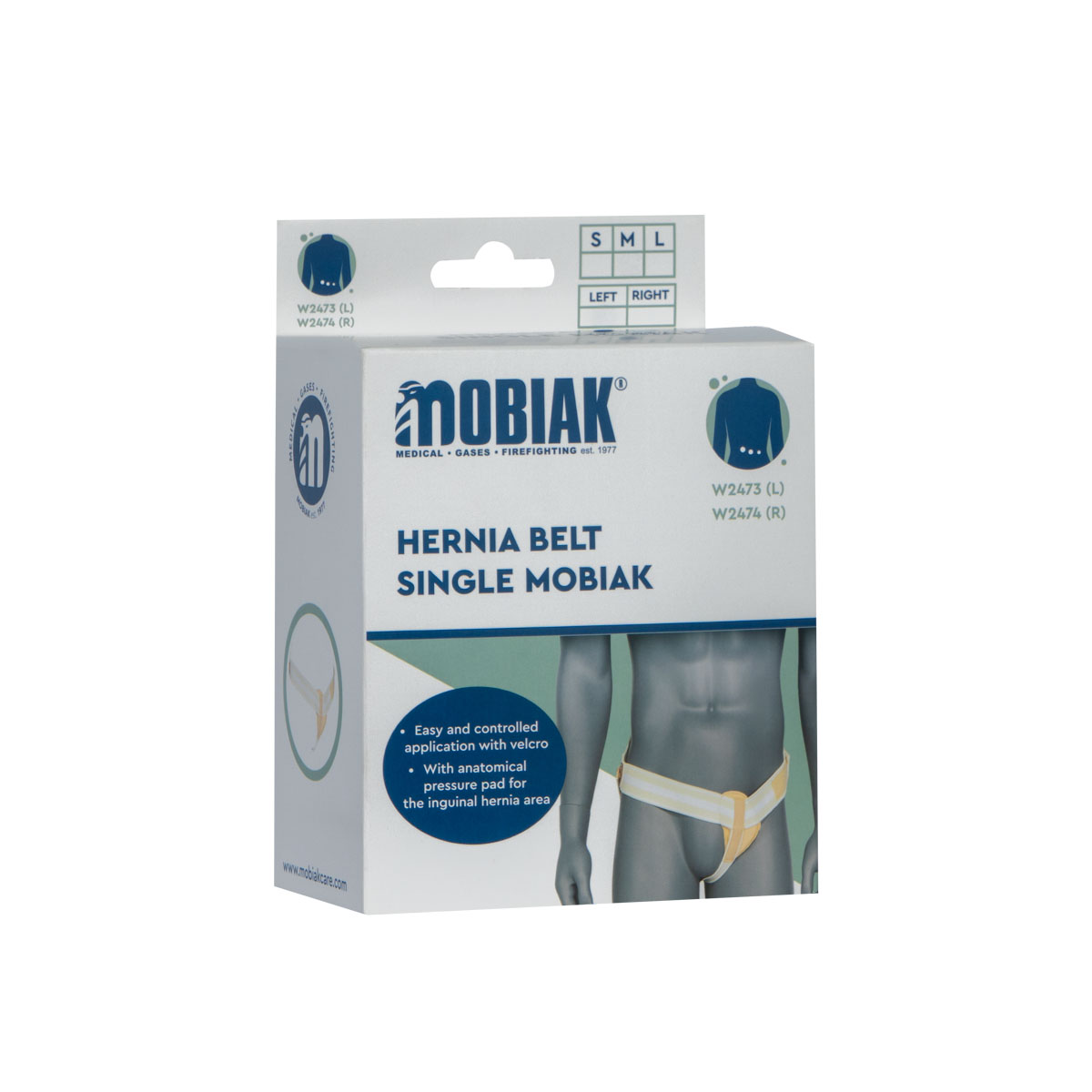 Boxed hernia belt product (Single Mobiak) with Velcro, shown on front for inguinal hernia support