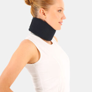 Side profile of a woman wearing a black cervical neck brace for support.