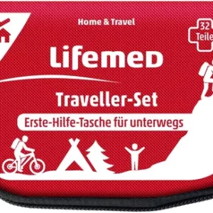 Red Lifemed Traveller-Set travel first-aid bag with white travel and safety icons (cycling, hiking) and 'Erste-Hilfe-Tasche' text on front.