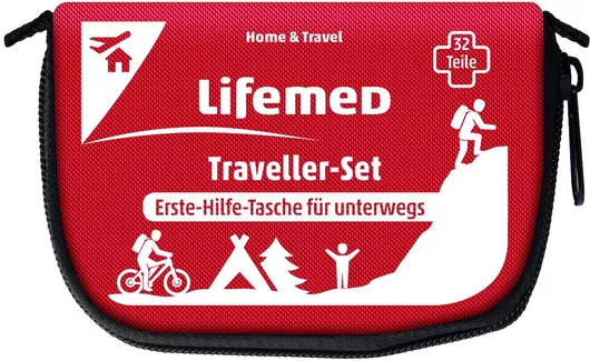Red Lifemed Traveller-Set travel first-aid bag with white travel and safety icons (cycling, hiking) and 'Erste-Hilfe-Tasche' text on front.