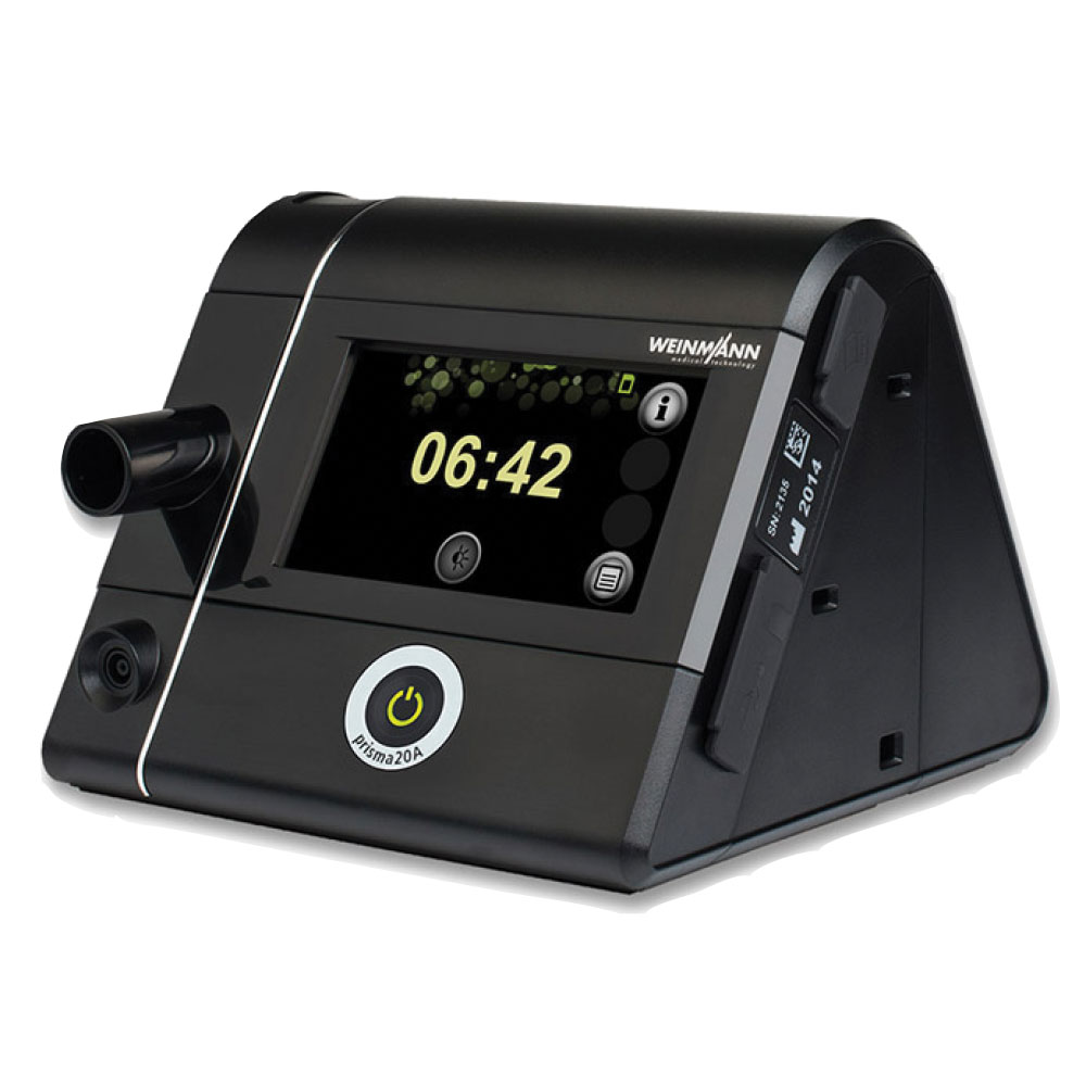 Weinmann Prisma 20A portable anesthesia ventilator with a digital display showing 06:42 and a prominent power button.