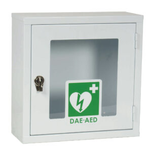 White wall-mounted cabinet with a transparent window showing a green DAE-AED first aid sign (heart with bolt) inside, and a small lock on the left side.