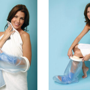 Smiling woman in a white towel against a blue background, placing a translucent protective sleeve on her arm in the left image.