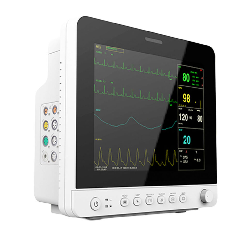 Portable patient monitor displaying multiple vital signs and ECG waveforms on the screen