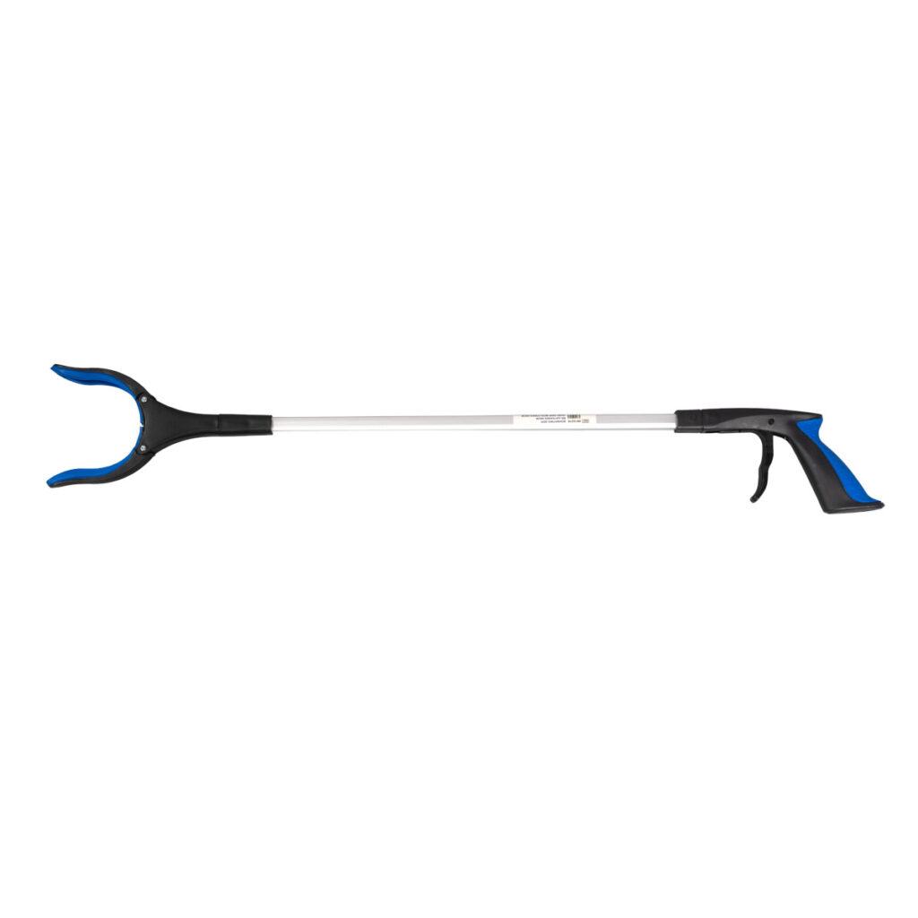 Long blue-and-black reacher/grabber tool with curved jaws for grabbing distant objects.