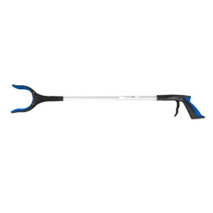 Long blue-and-black reacher/grabber tool with curved jaws for grabbing distant objects.