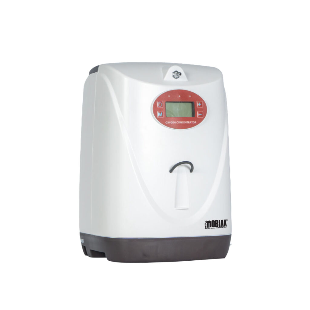 Front view of a white portable oxygen concentrator with a red control panel and digital display on the front.