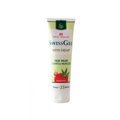 Tube of SwissGel with Hemp for warming relief of joints and muscles; label shows hemp, herbs, and a red plant graphic.