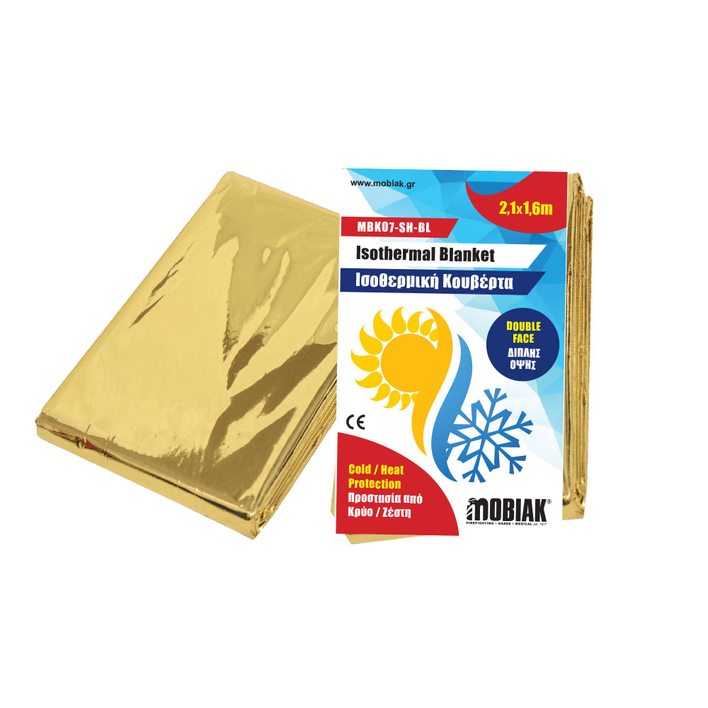 Gold foil isothermal blanket folded beside its blue-and-red packaging showing 'Isothermal Blanket' and dimensions 2.1 x 1.6 m (MOBIAK)