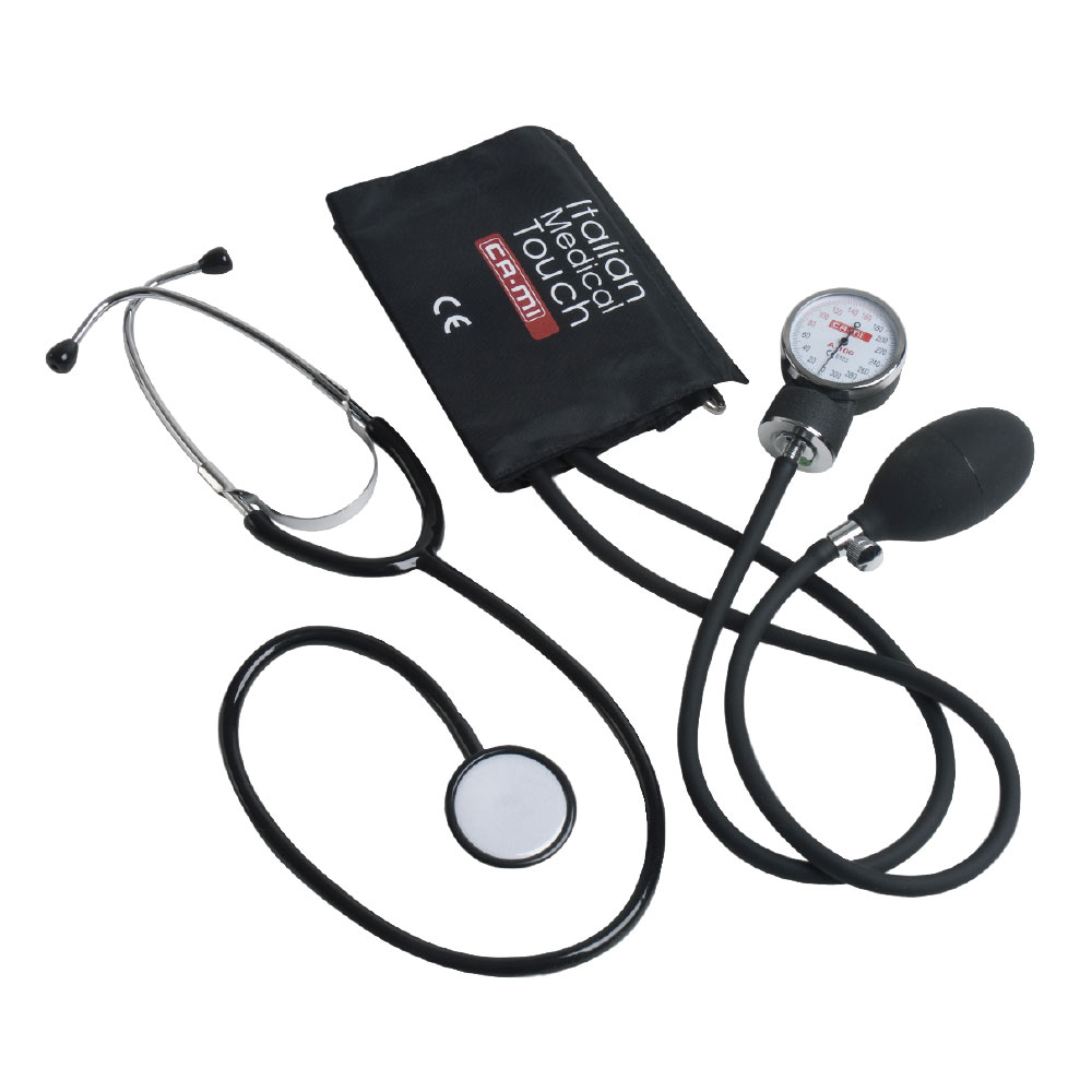 Blood pressure kit with stethoscope and gauge on a white background