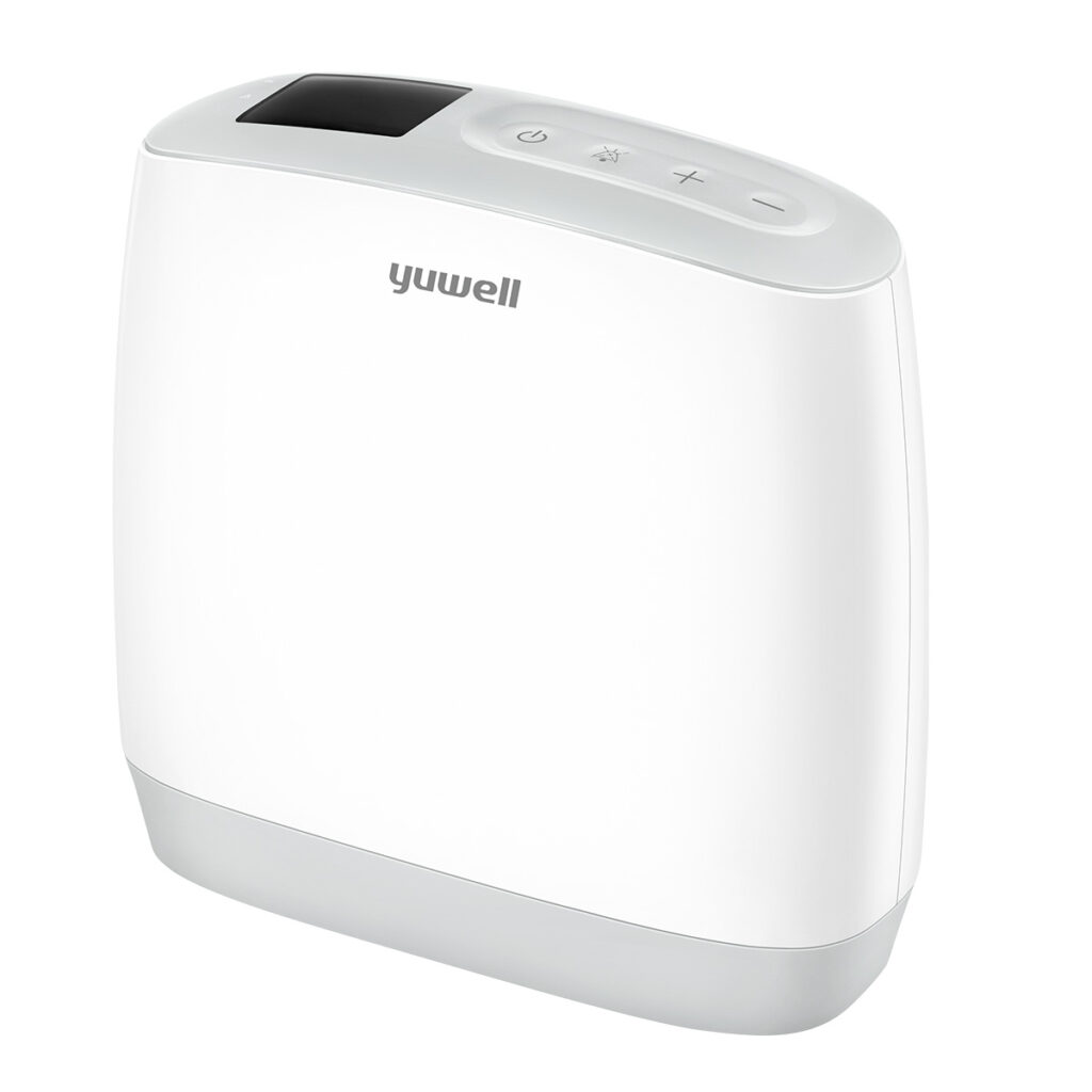 White compact Yuwell air purifier with a top control panel and power button on the rounded top edge.